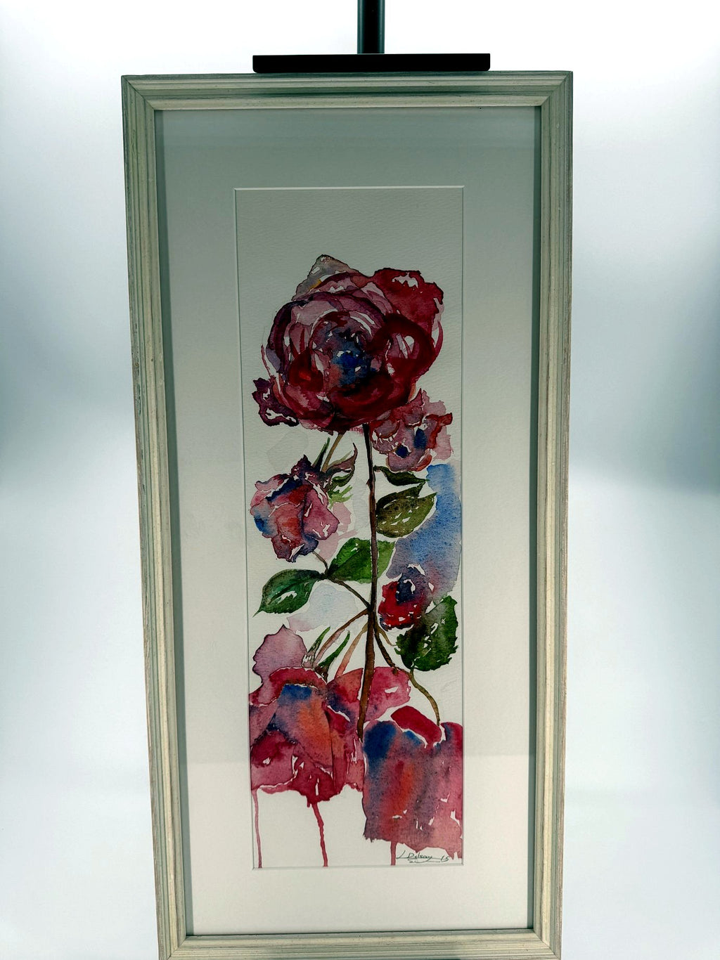 Roses watercolor, signed L. Delsay and dated '15 - framed front view