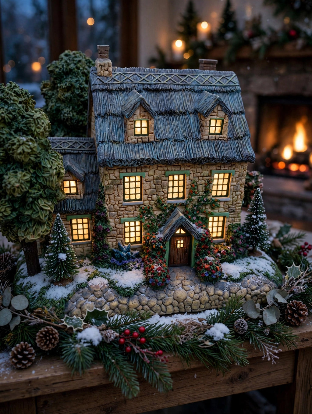 Styled photo - Stonebrooke Inn on a Christmas mantel, windows lit (display inspiration)