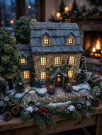 Styled photo - Stonebrooke Inn on a Christmas mantel, windows lit (display inspiration)