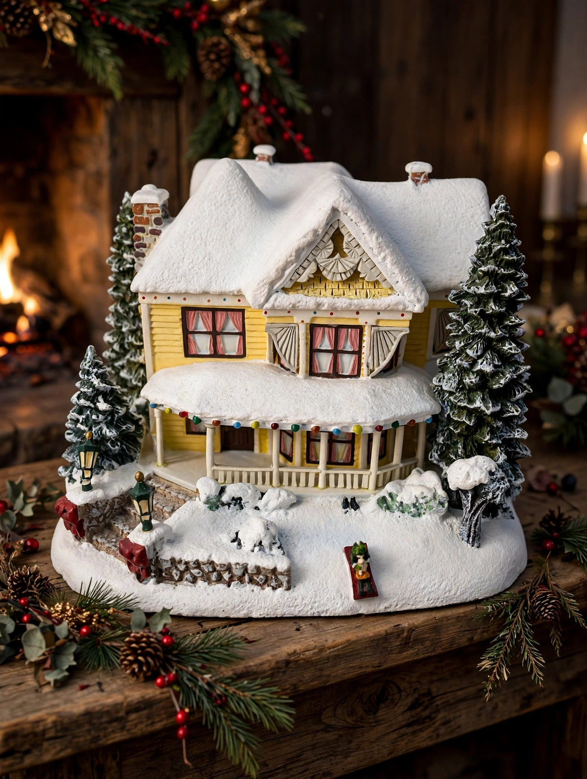 Victorian Homestead styled on a fireplace mantel at Christmas (display inspiration)