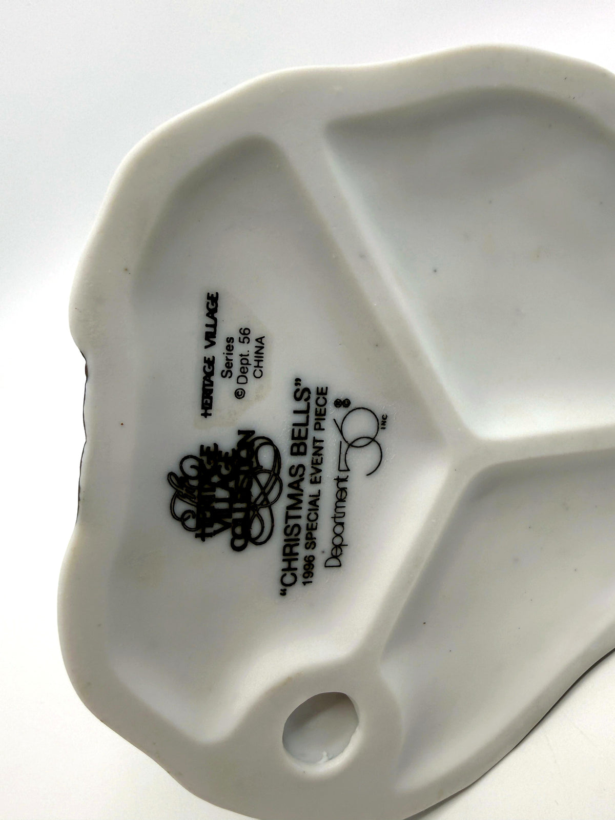Department 56 Christmas Bells, 1996 Special Event Piece, Heritage Village Collection – underside: Christmas Bells 1996 Special Event Piece stamp, Heritage Village Series, made in China