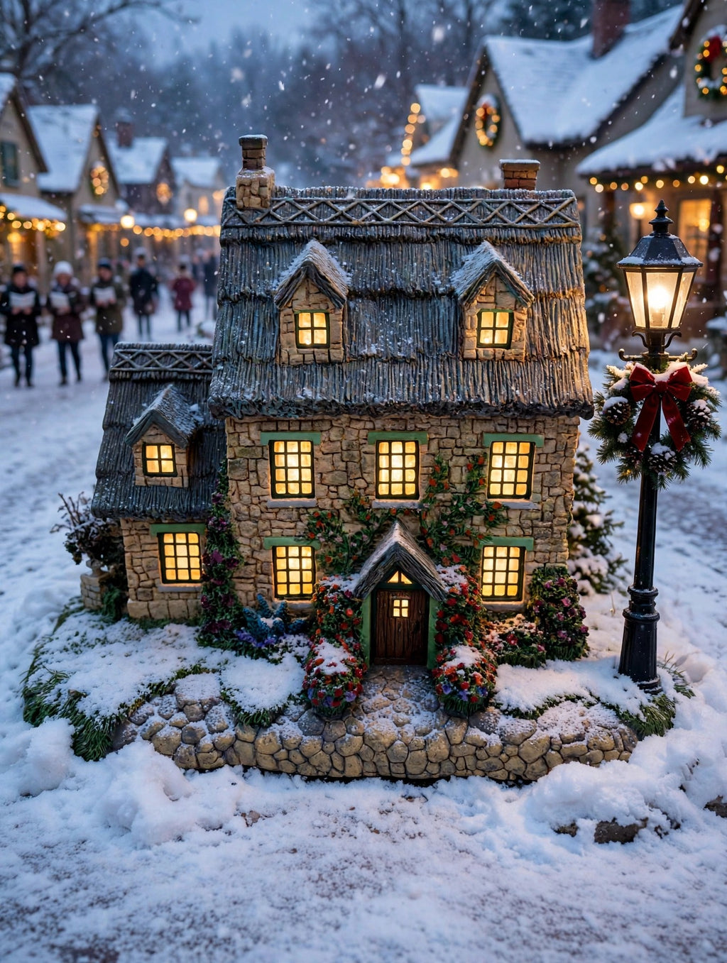 Styled photo - Stonebrooke Inn in a snowy Christmas village street (display inspiration)