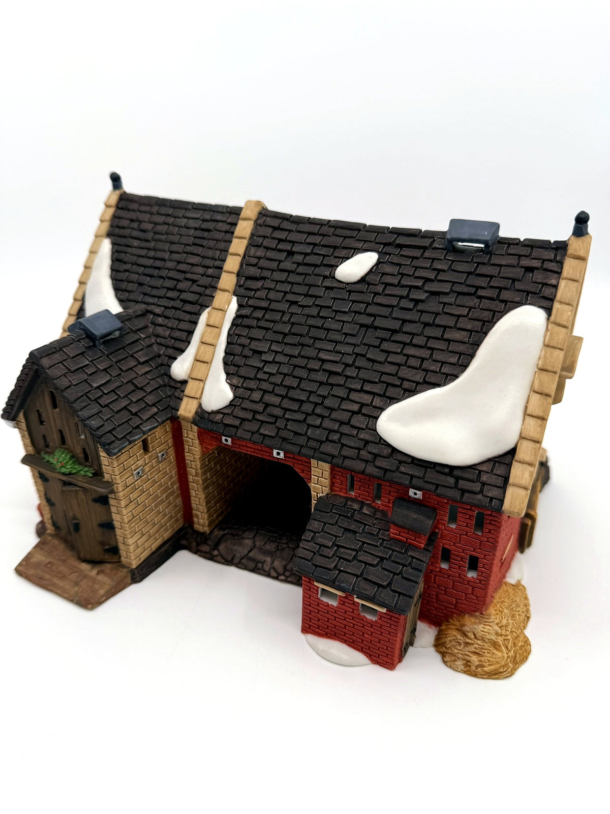 Department 56 Dickens' Village Butter Tub Barn #58338 – top three-quarter view showing the shingled roofs and snow patches