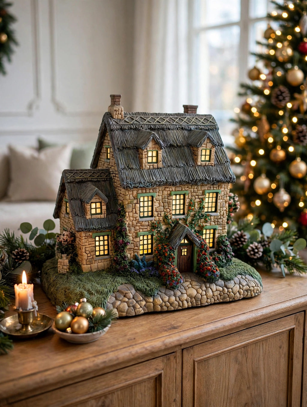 Styled photo - Stonebrooke Inn on a sideboard beside a Christmas tree (display inspiration)