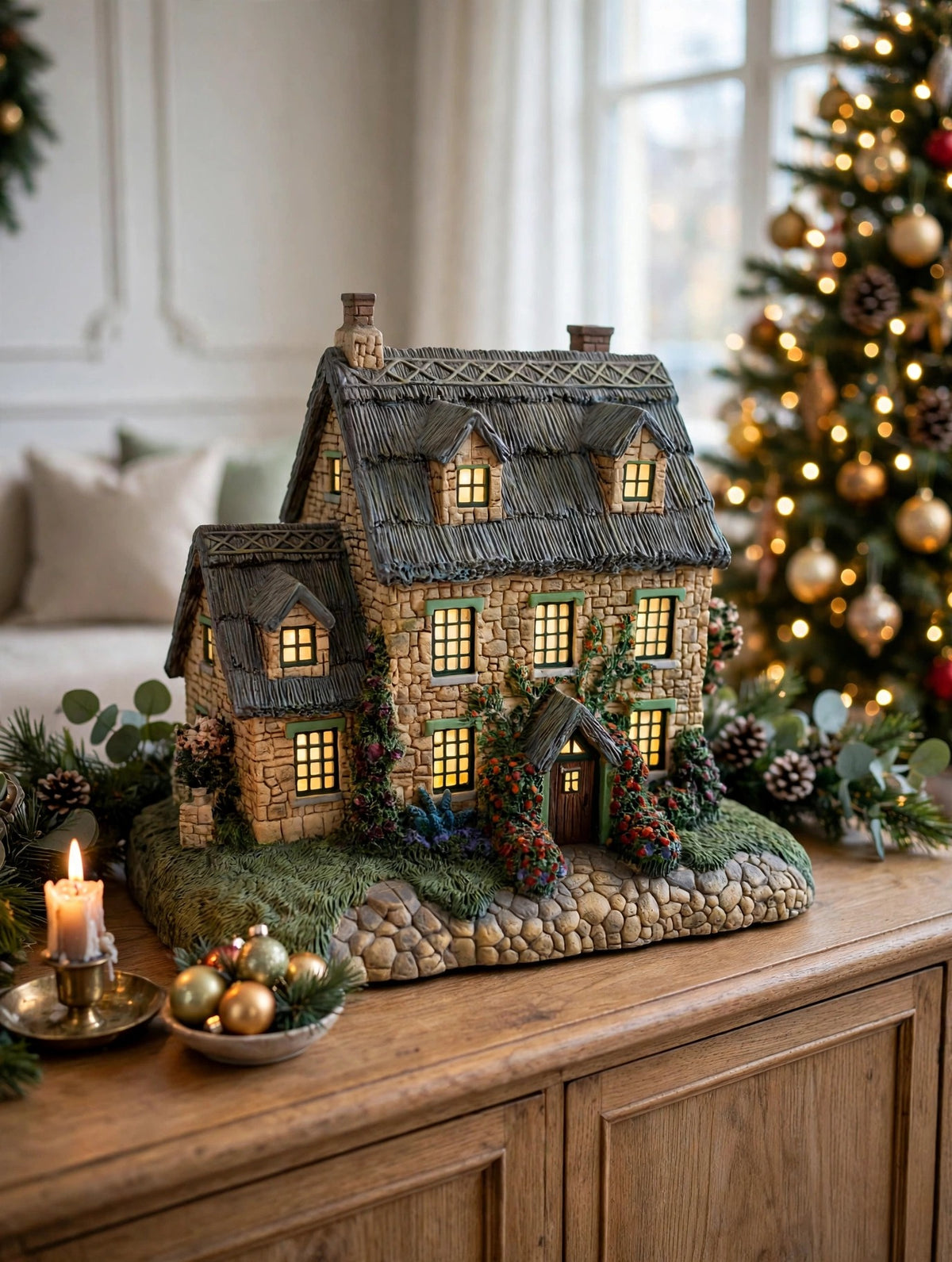 Styled photo - Stonebrooke Inn on a sideboard beside a Christmas tree (display inspiration)