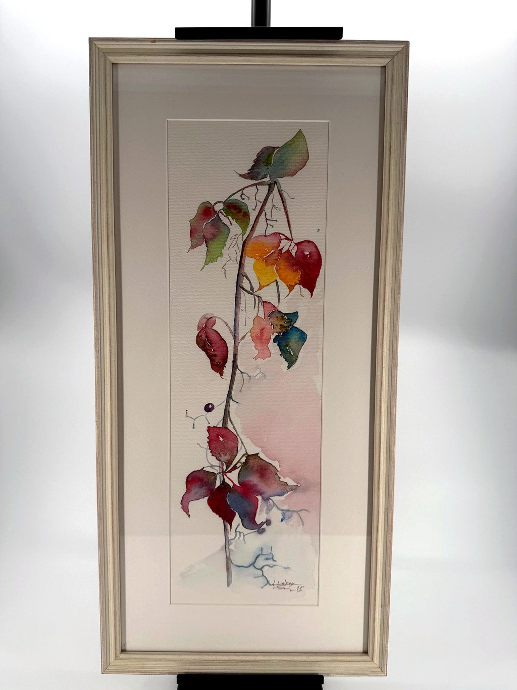 Autumn branch watercolor, signed L. Delsay and dated '15 - framed front view