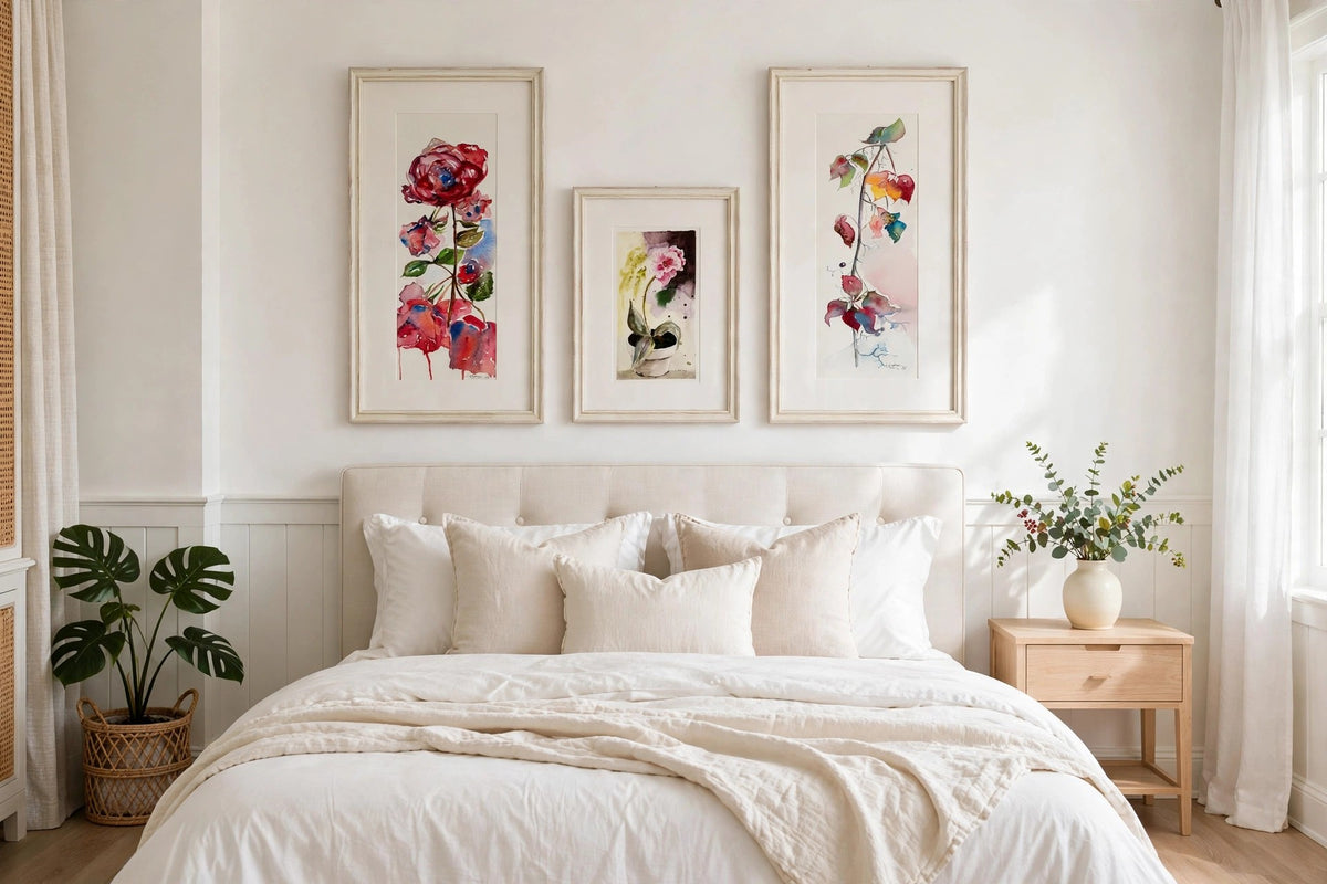 Styled photo - the set of three displayed above a bed (display inspiration)