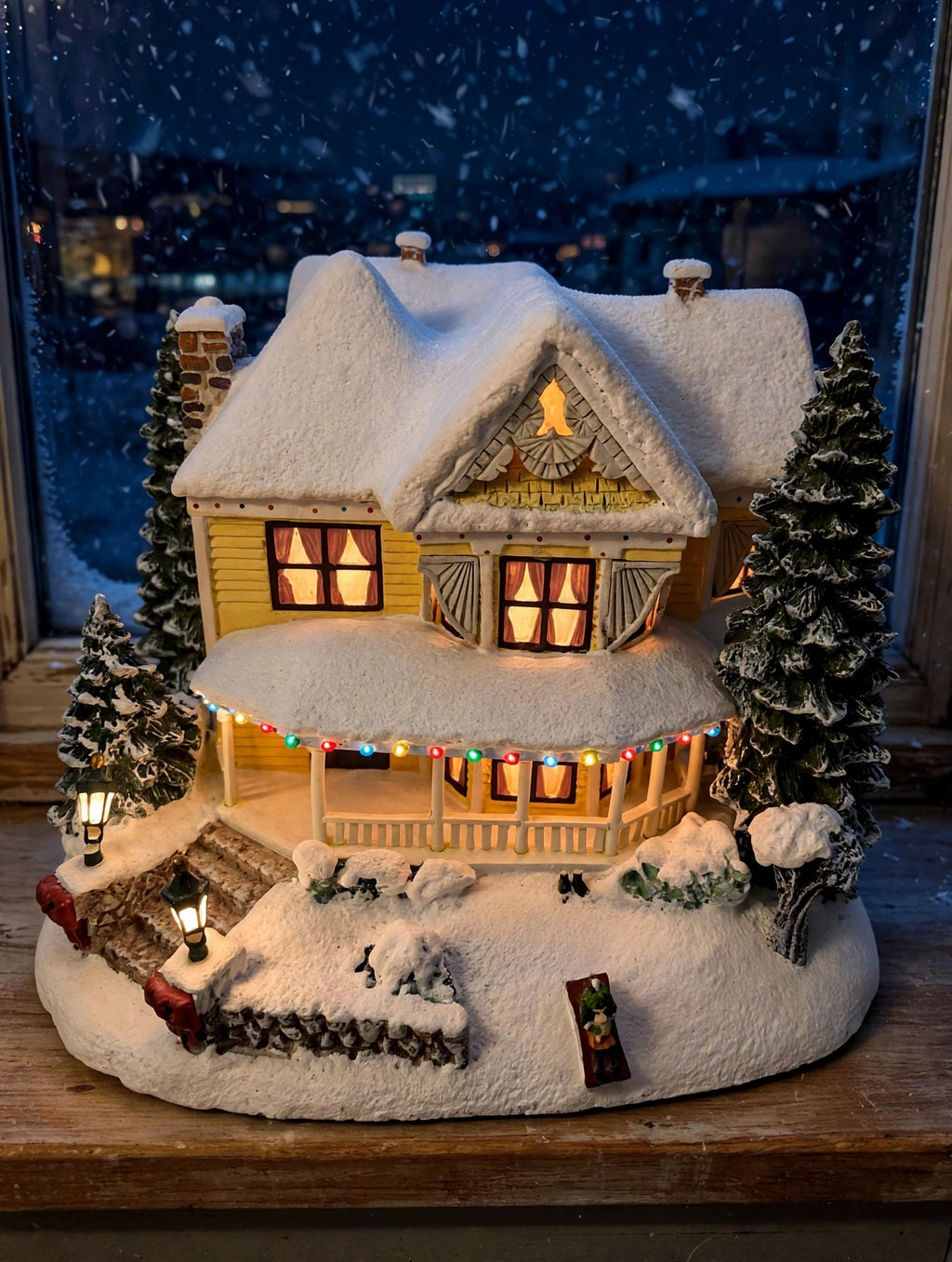 Victorian Homestead lit at night on a windowsill (display inspiration)