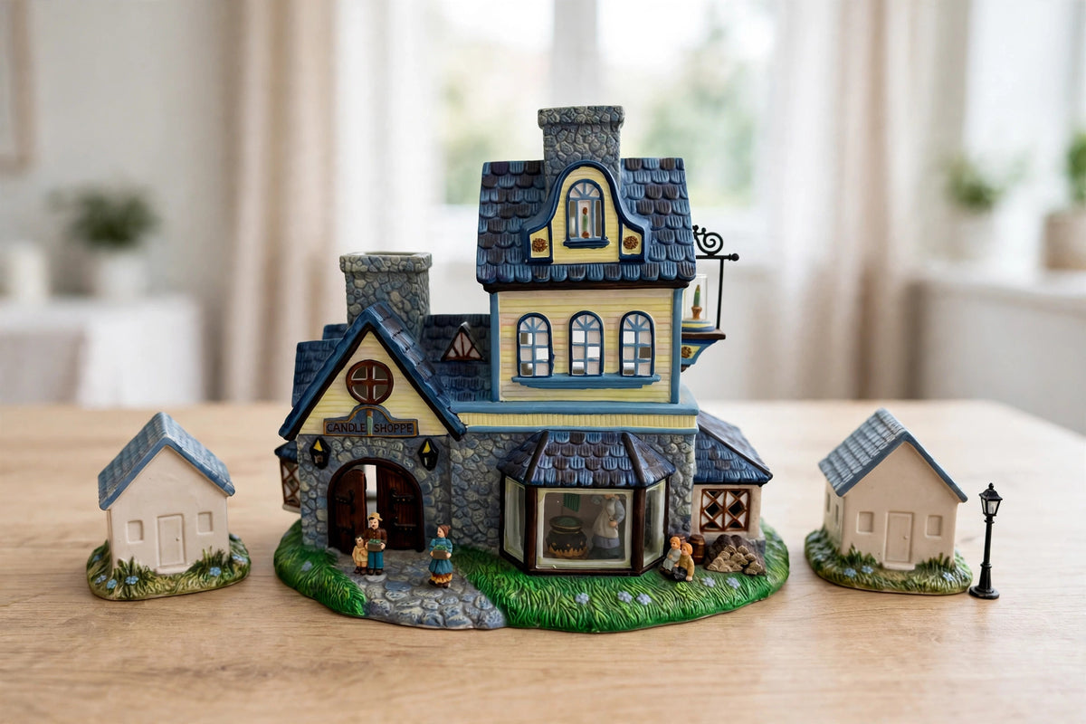 PartyLite Olde World Village No. 1 The Candle Shoppe P7315 ceramic tealight village building — styled scene: in a miniature village grouping on a table (display inspiration)