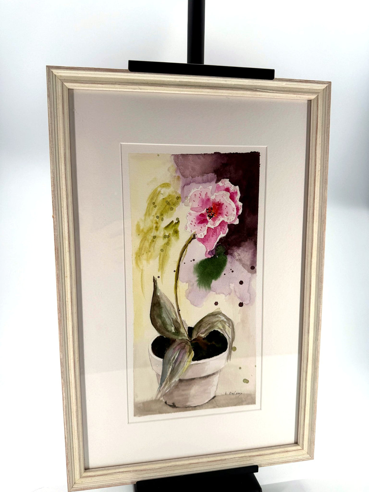 Pink flowering plant watercolor, signed L. Delsay - framed front view