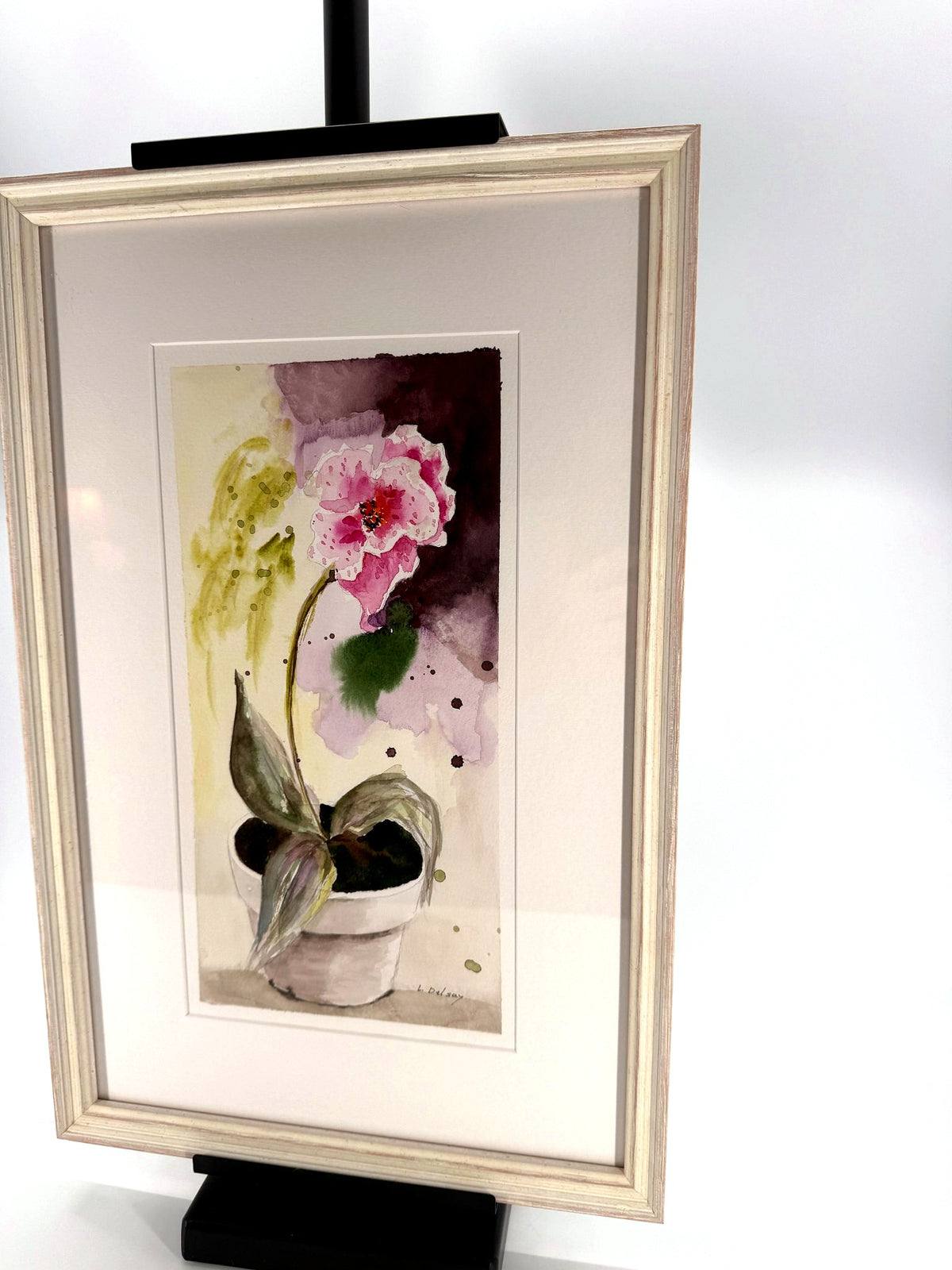 Pink flowering plant watercolor - framed, angled view