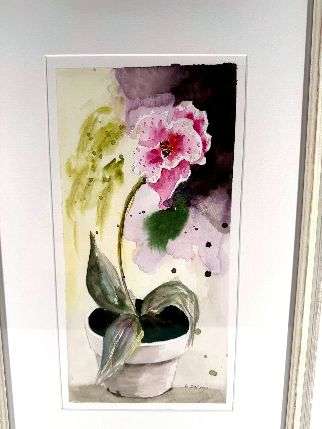 Pink flowering plant - the watercolor itself, close view