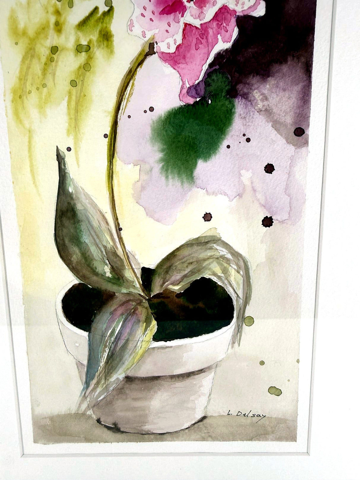 Pink flowering plant - flowerpot and signature area detail