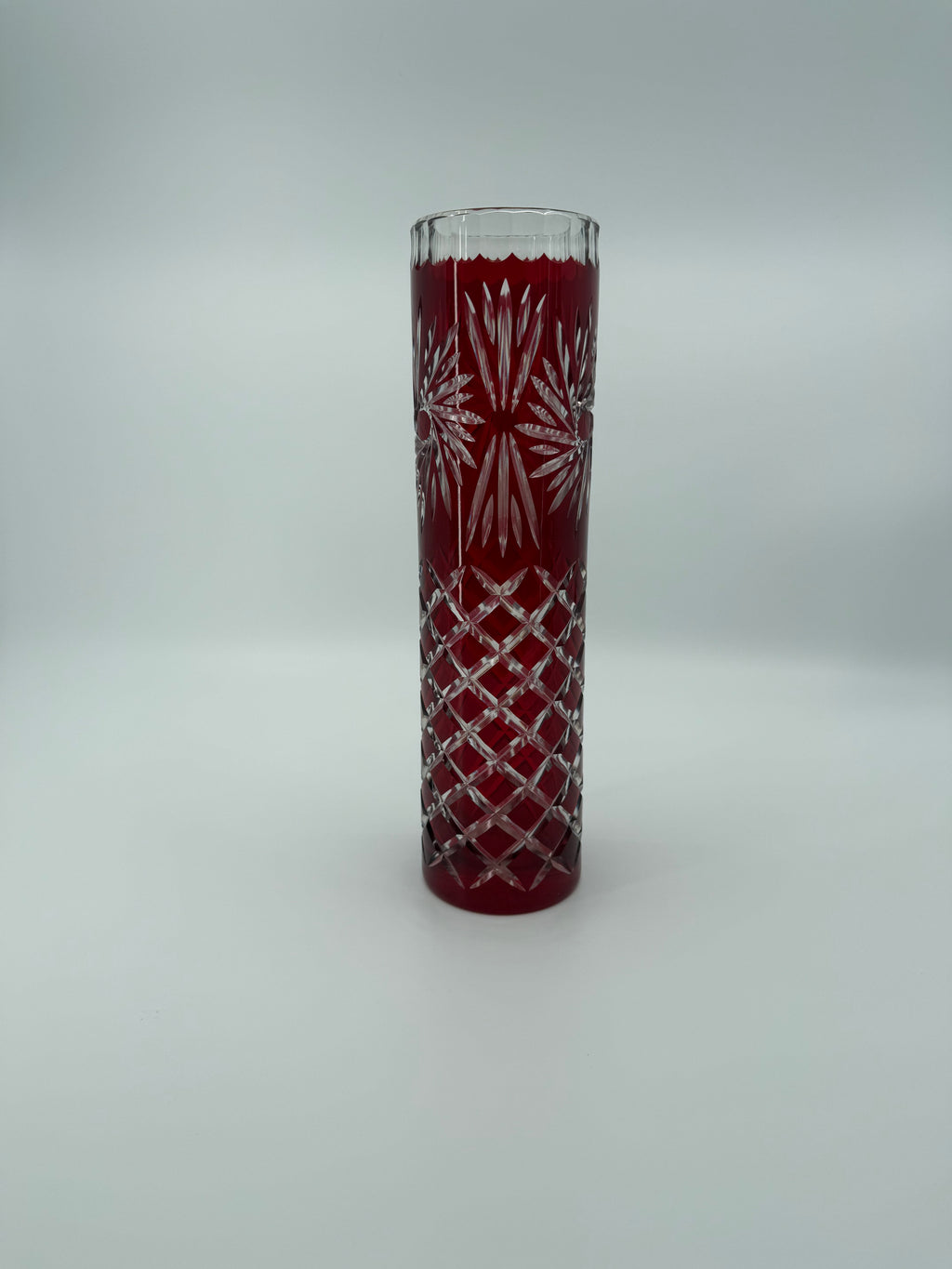 Vintage Ruby Red Cut-to-Clear Glass Vase – 12 Inch