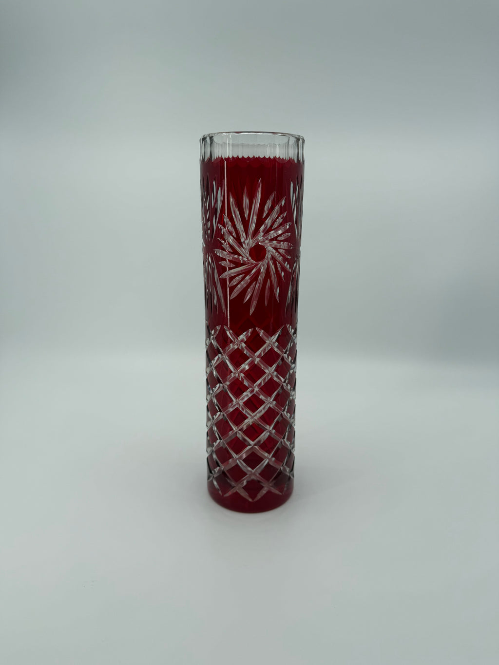 Vintage Ruby Red Cut-to-Clear Glass Vase – 12 Inch