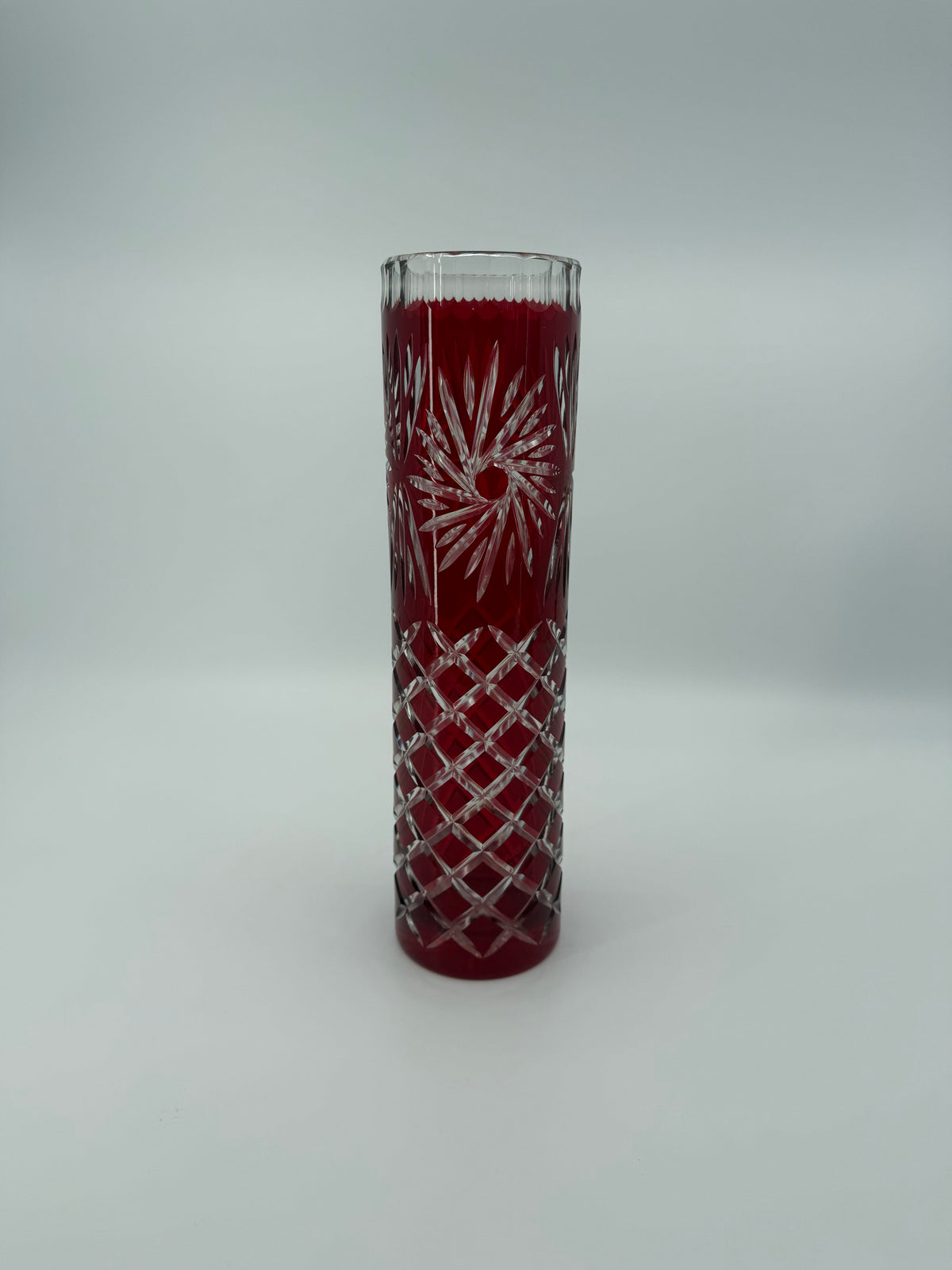 Vintage Ruby Red Cut-to-Clear Glass Vase – 12 Inch
