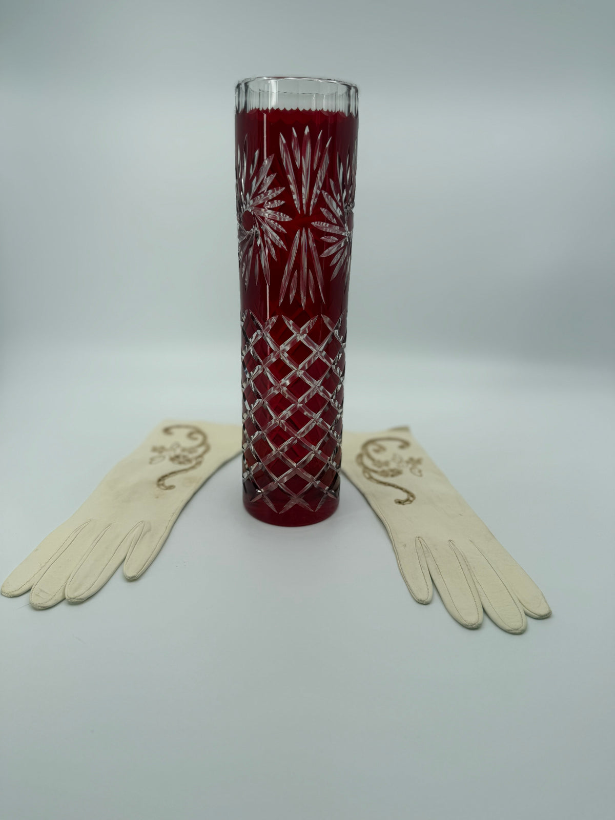 Vintage Ruby Red Cut-to-Clear Glass Vase – 12 Inch
