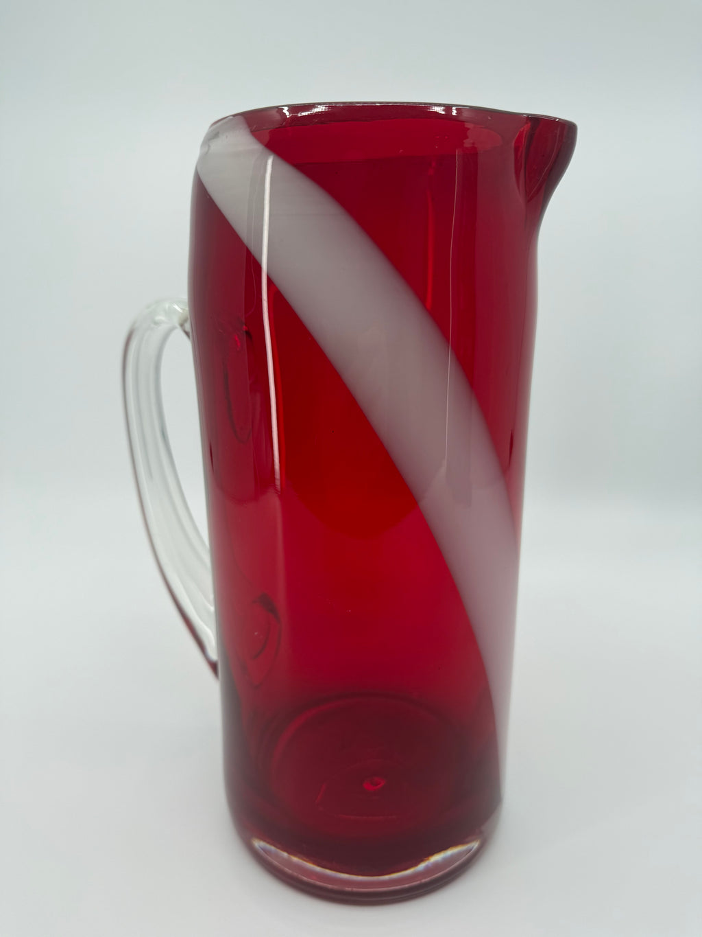 Vintage Ruby Red Cut-to-Clear Glass Pitcher – 10.5"