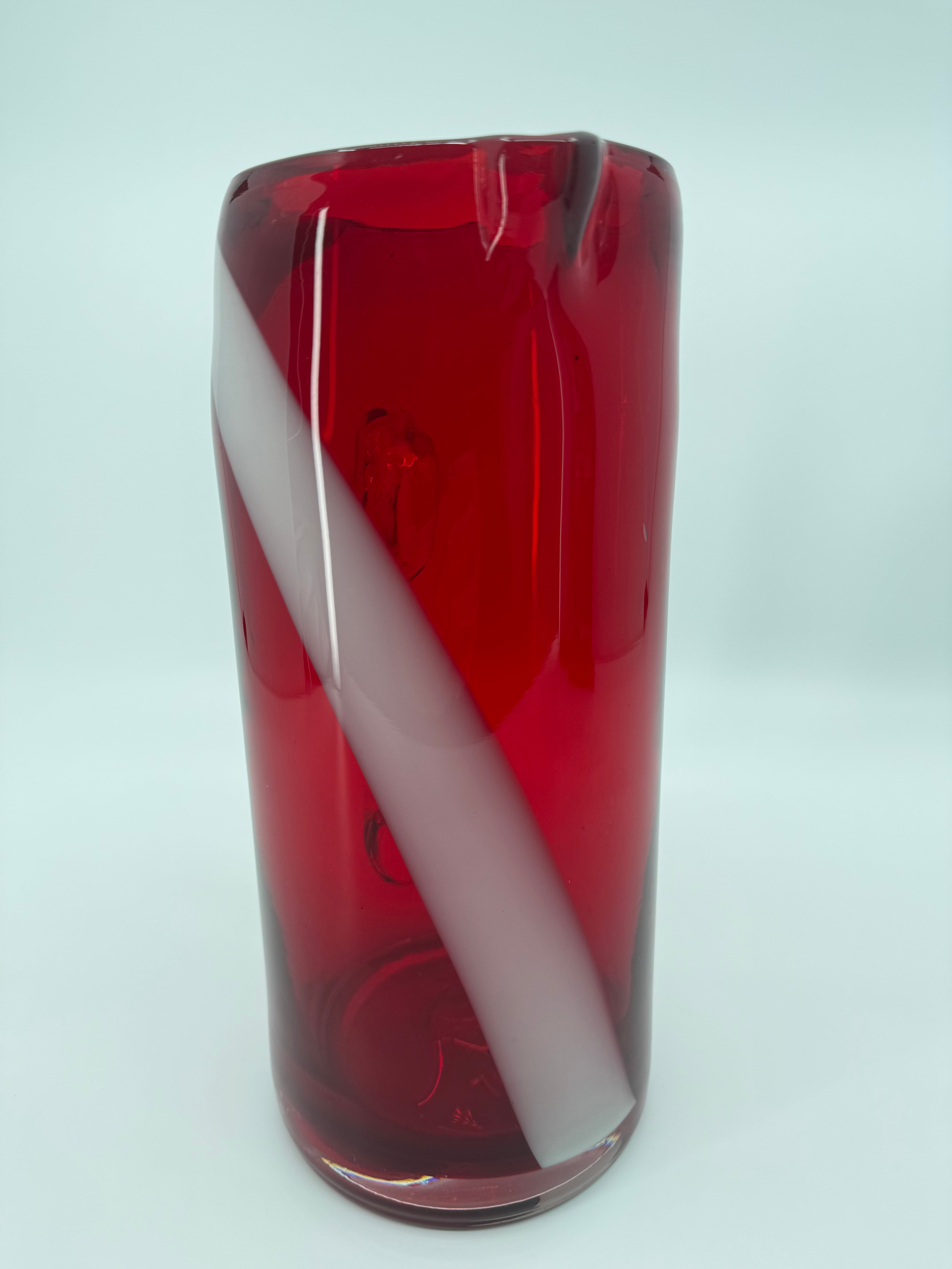 Vintage Ruby Red Cut-to-Clear Glass Pitcher – 10.5"
