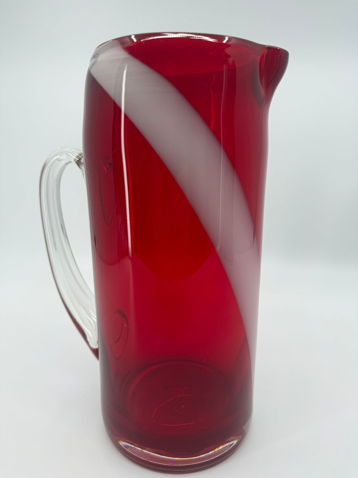 Vintage Ruby Red Cut-to-Clear Glass Pitcher – 10.5"