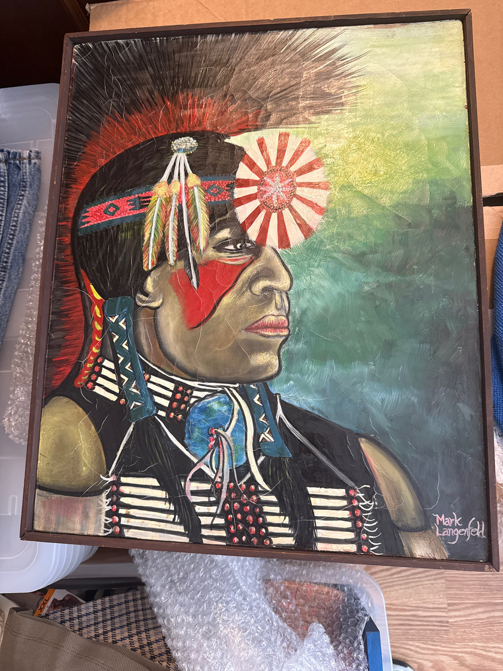 Mark Langenfeld Original Native American Portrait Painting – Signed & Framed – 2000