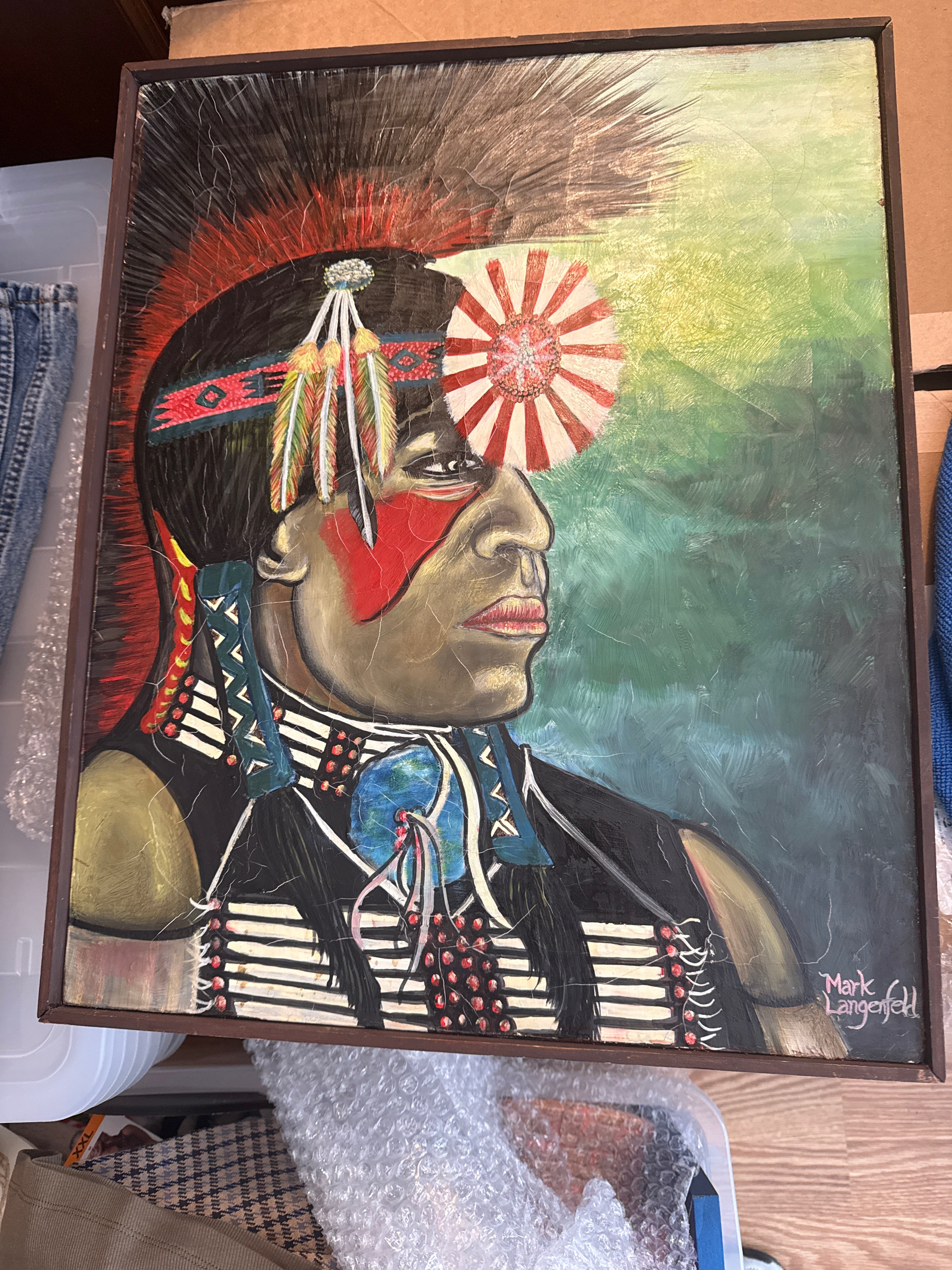 Mark Langenfeld Original Native American Portrait Painting – Signed & Framed – 2000