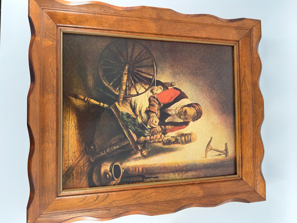 Vintage Nicolaes Maes “The Spinner” Textured Art Print in Wood Frame