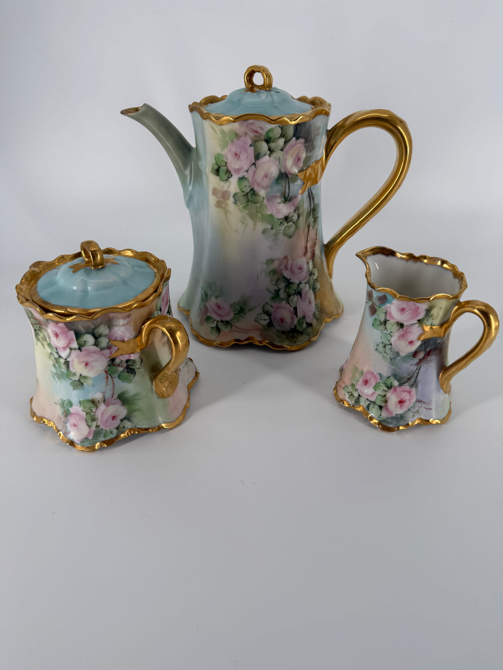 Antique Haviland France Porcelain Chocolate Set Signed Barnett – Hand Painted Roses, c. 1900–1915