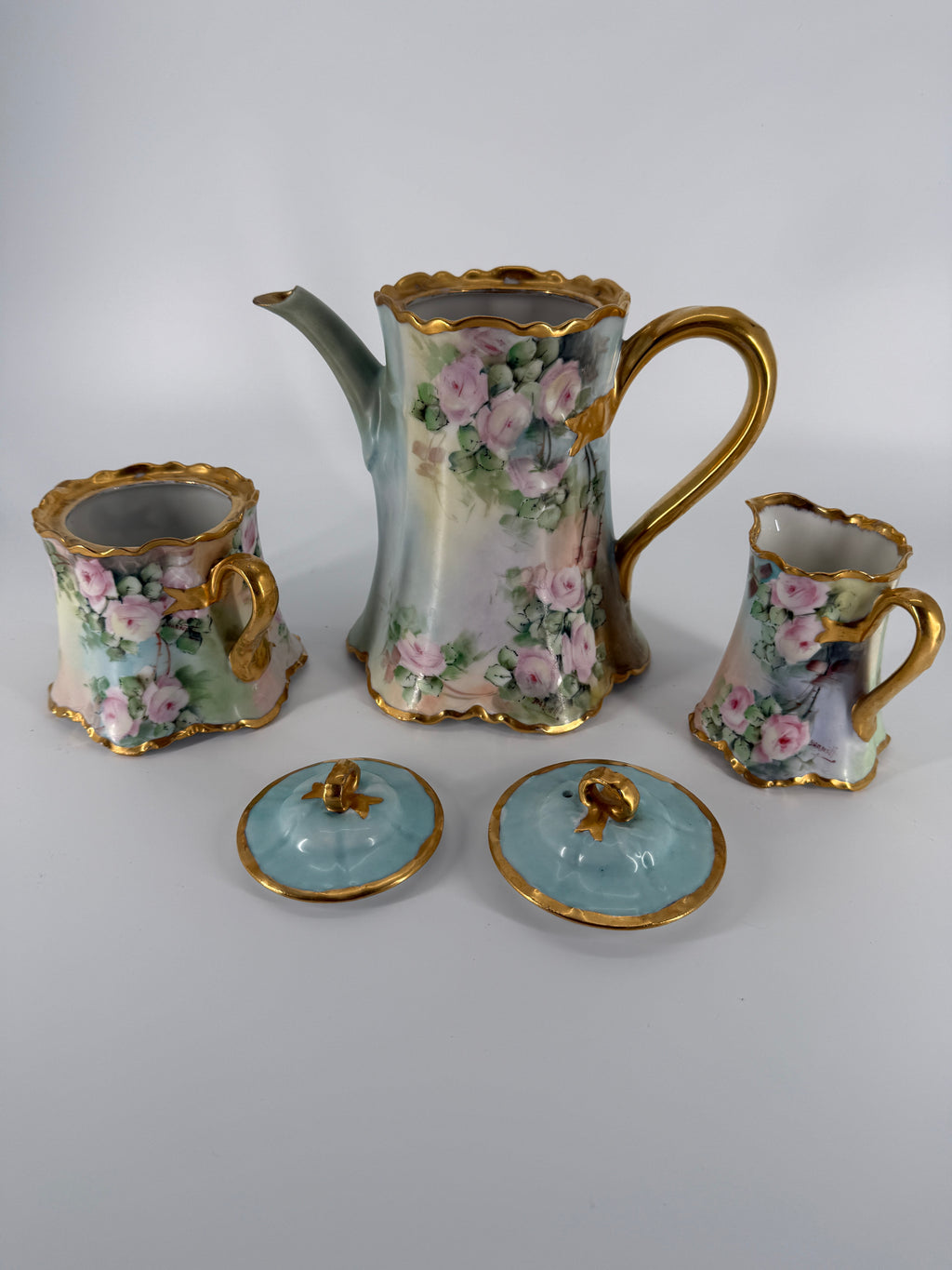 Antique Haviland France Porcelain Chocolate Set Signed Barnett – Hand Painted Roses, c. 1900–1915