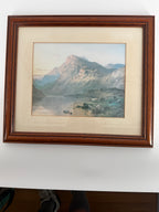 Vintage Framed Mountain Lake Landscape Print with Grazing Cattle