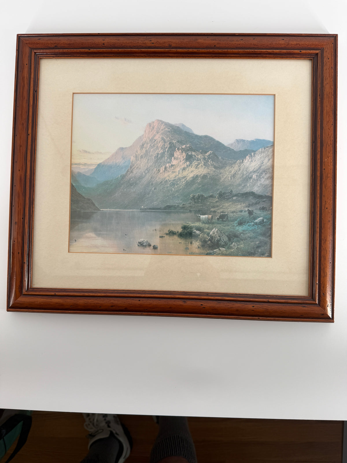Vintage Framed Mountain Lake Landscape Print with Grazing Cattle