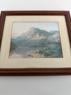 Vintage Framed Mountain Lake Landscape Print with Grazing Cattle