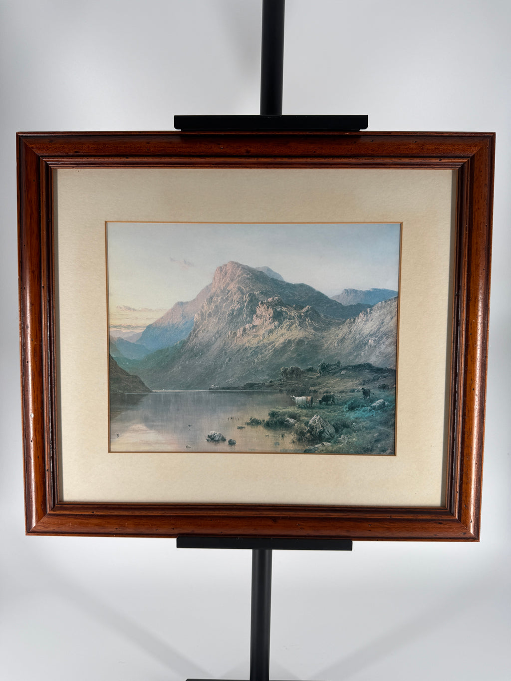 Vintage Framed Mountain Lake Landscape Print with Grazing Cattle