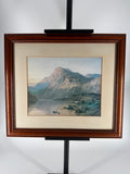 Vintage Framed Mountain Lake Landscape Print with Grazing Cattle