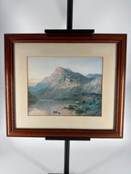Vintage Framed Mountain Lake Landscape Print with Grazing Cattle
