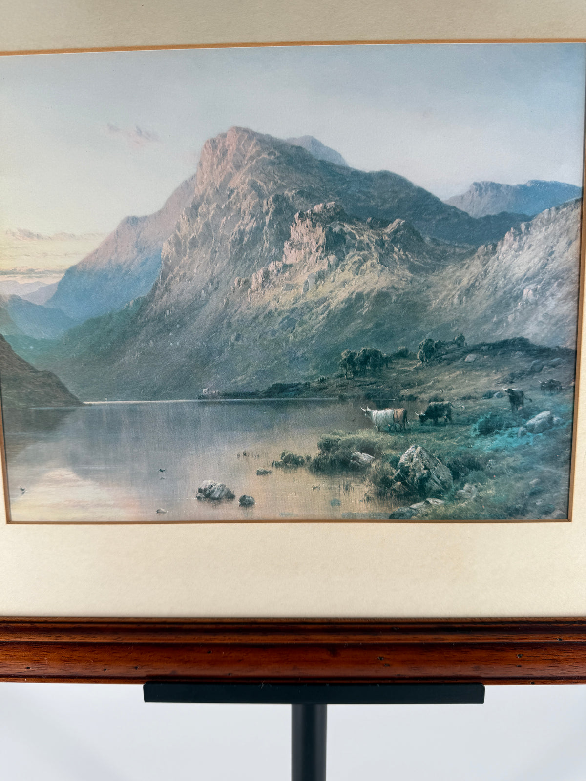 Vintage Framed Mountain Lake Landscape Print with Grazing Cattle