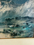 Vintage Framed Mountain Lake Landscape Print with Grazing Cattle