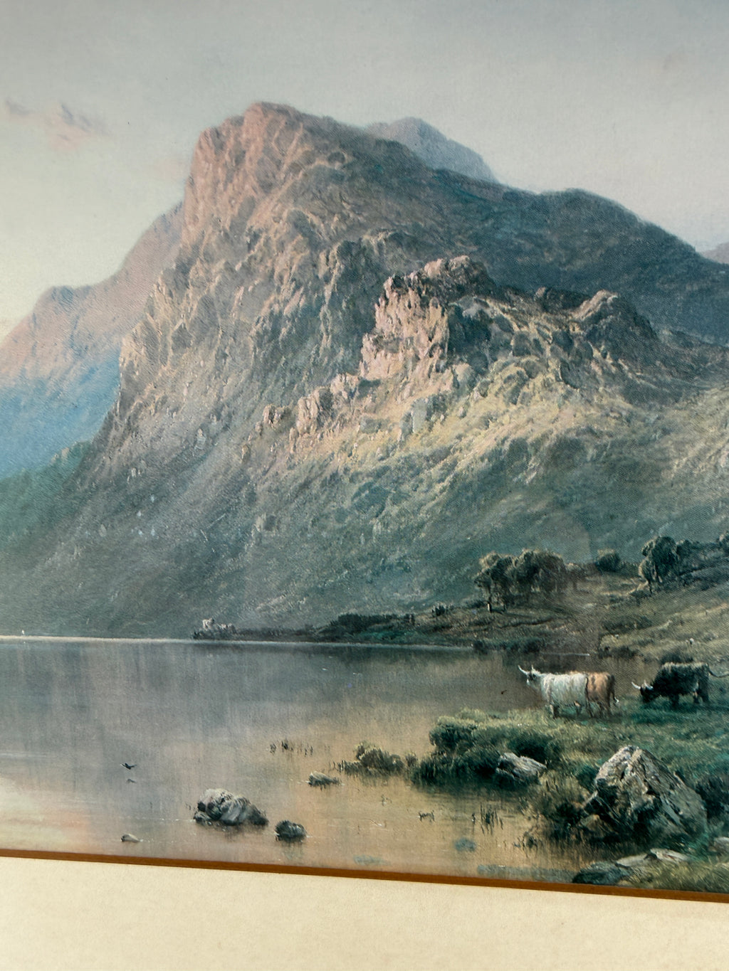 Vintage Framed Mountain Lake Landscape Print with Grazing Cattle