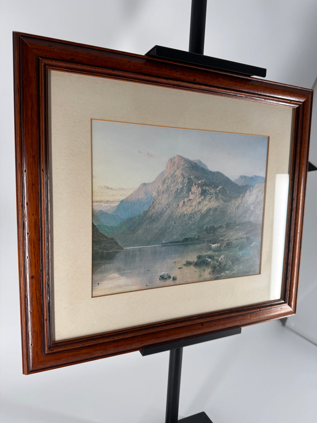 Vintage Framed Mountain Lake Landscape Print with Grazing Cattle