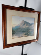Vintage Framed Mountain Lake Landscape Print with Grazing Cattle