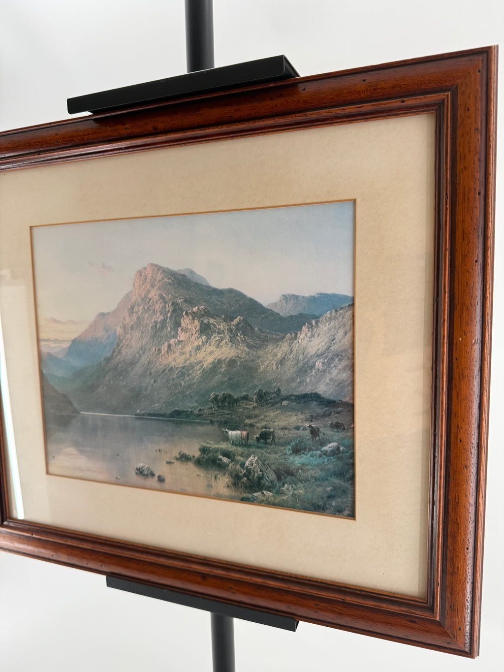 Vintage Framed Mountain Lake Landscape Print with Grazing Cattle