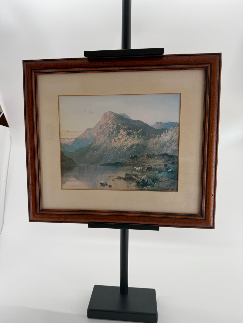 Vintage Framed Mountain Lake Landscape Print with Grazing Cattle