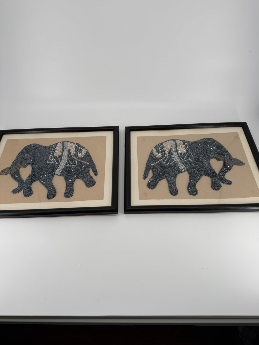 Vintage Indian Beaded & Sequined Elephant Textile Art – Framed Pair