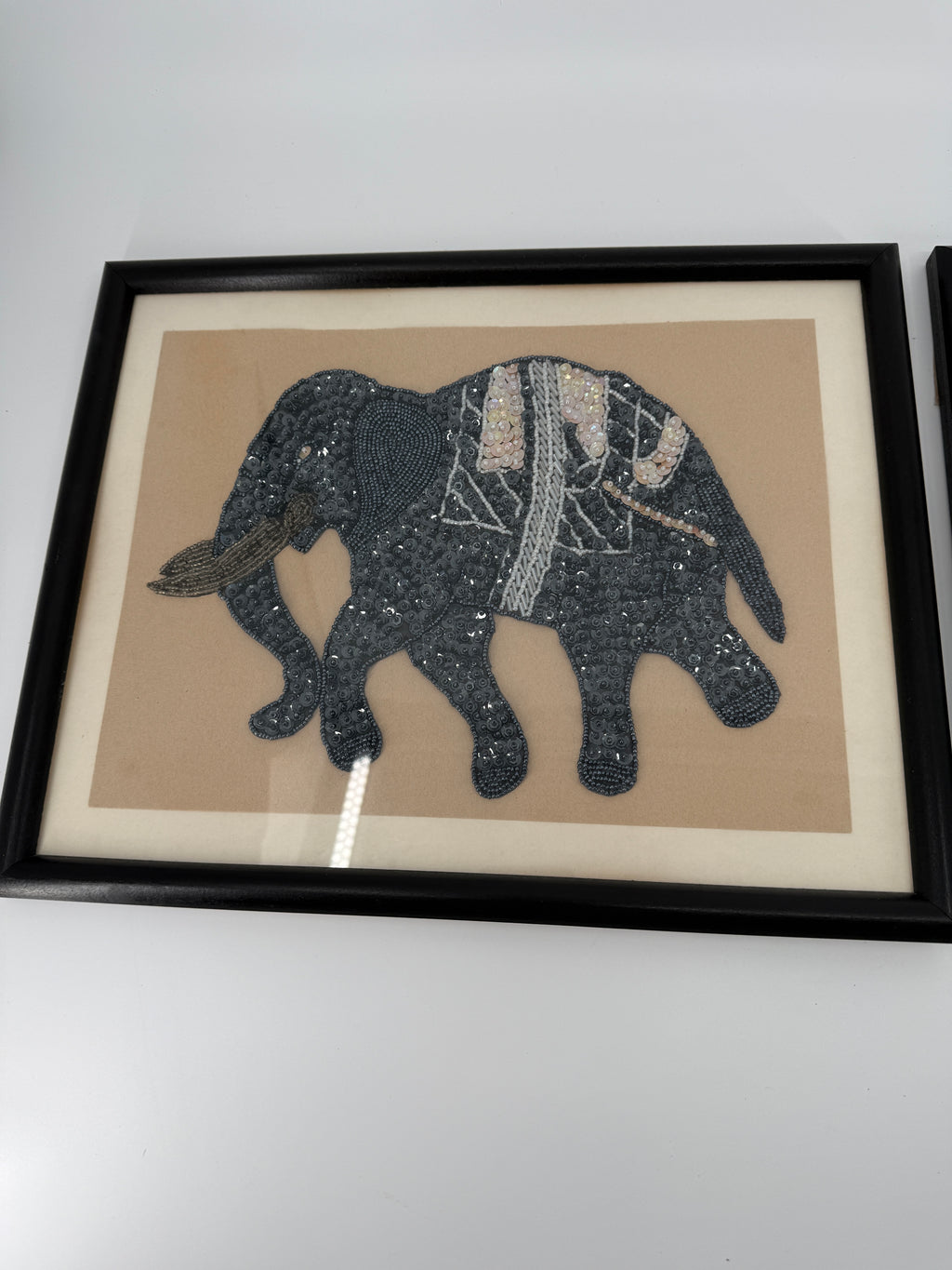 Vintage Indian Beaded & Sequined Elephant Textile Art – Framed Pair