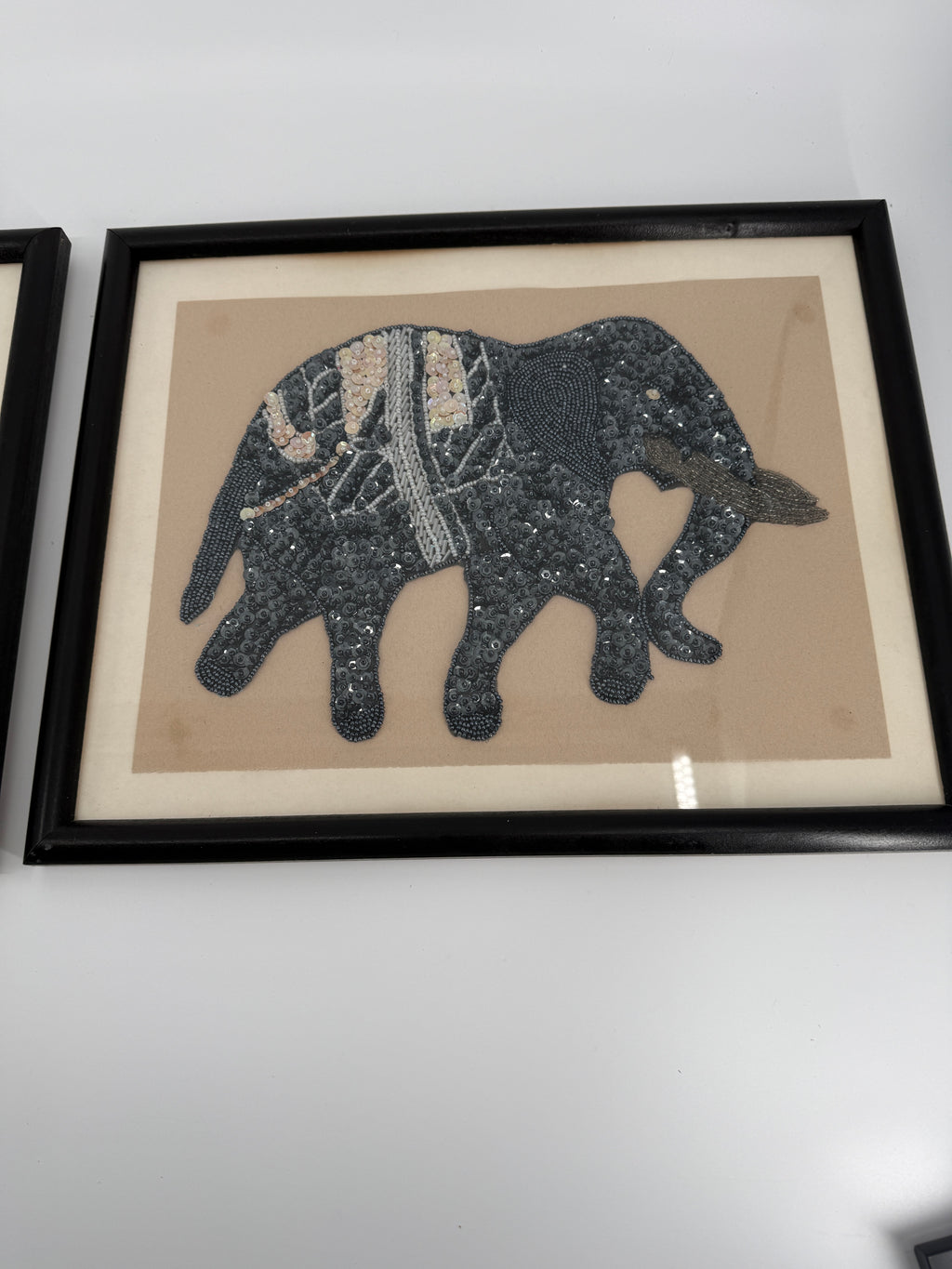 Vintage Indian Beaded & Sequined Elephant Textile Art – Framed Pair