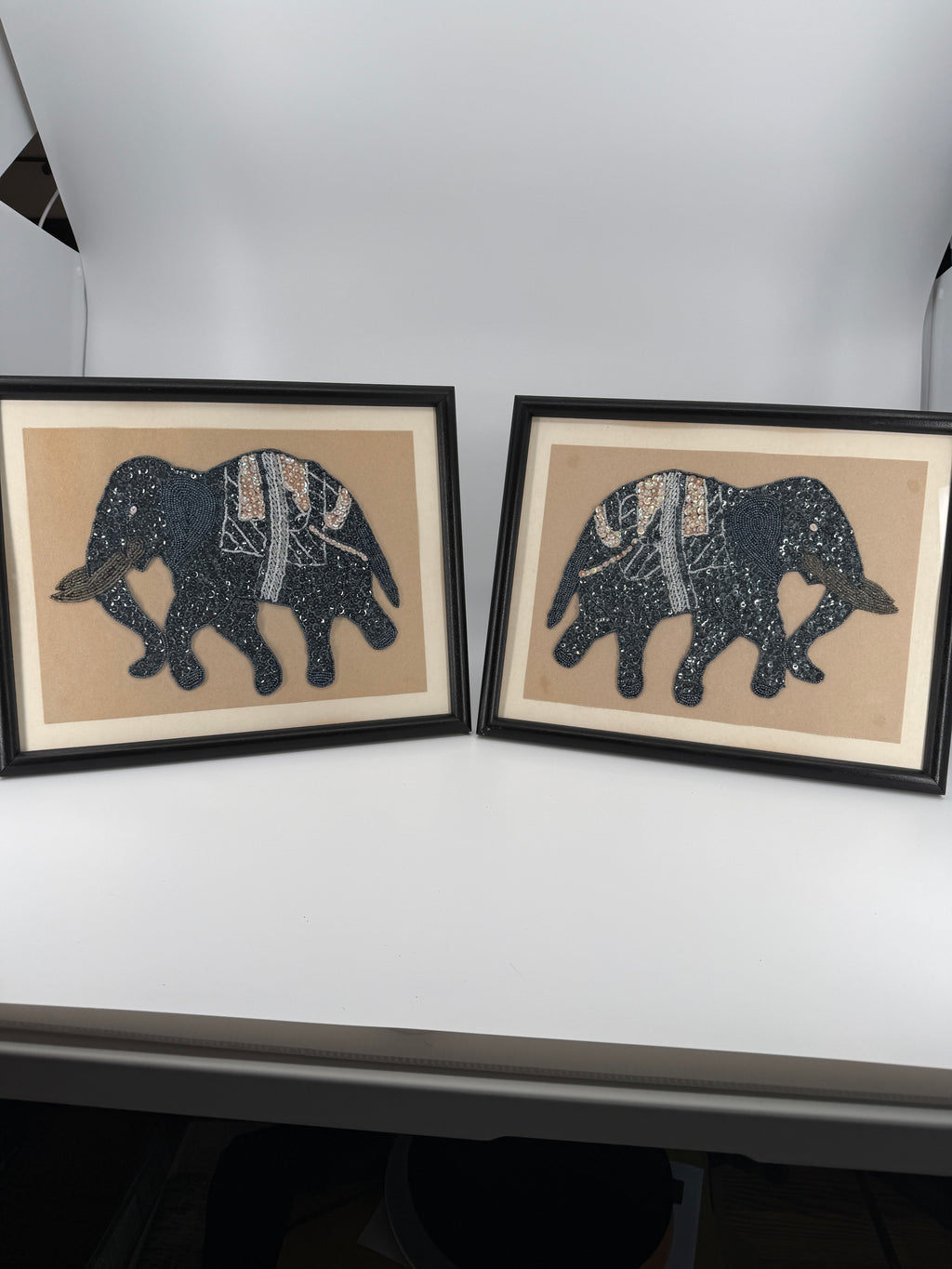 Vintage Indian Beaded & Sequined Elephant Textile Art – Framed Pair