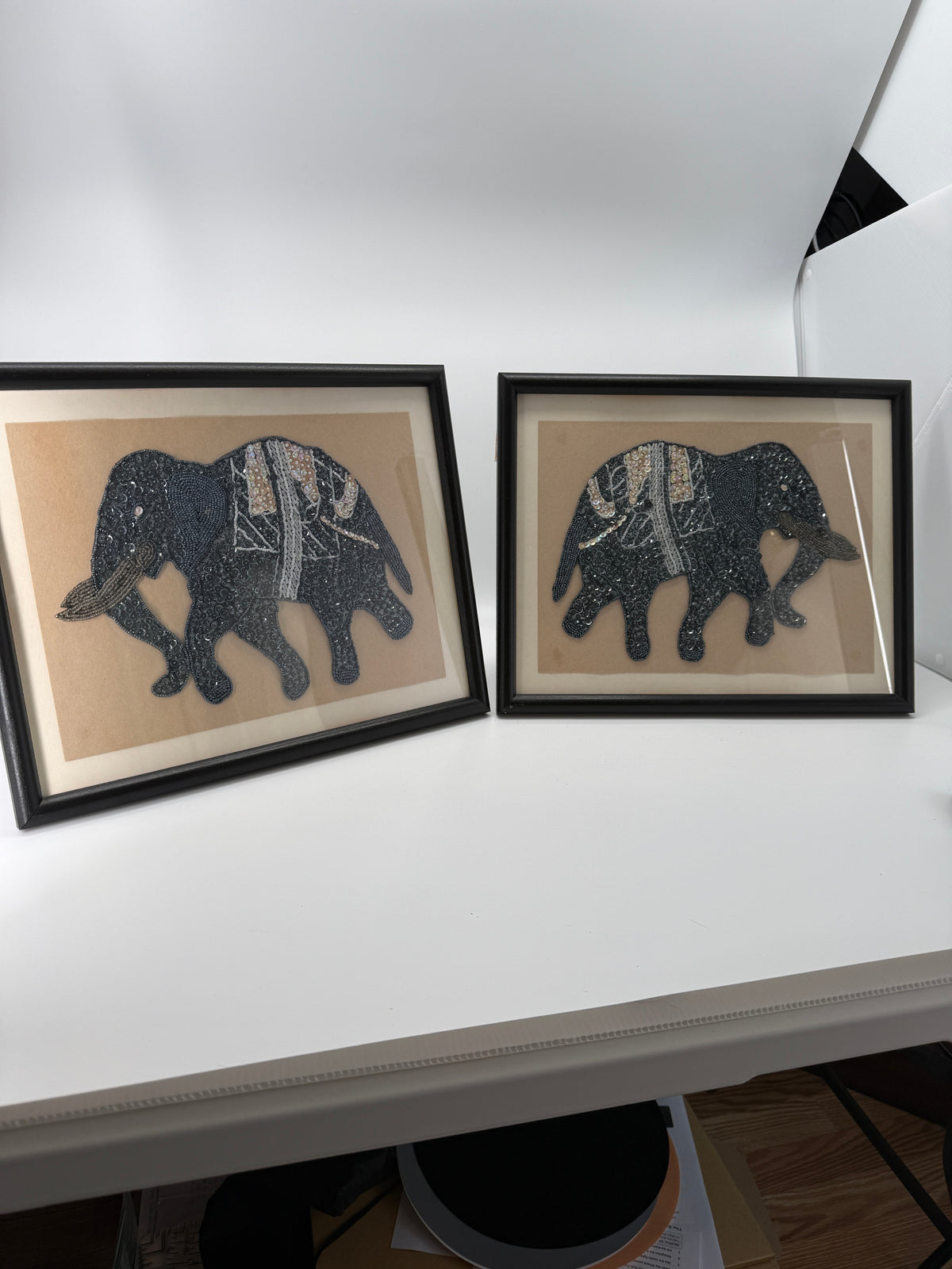 Vintage Indian Beaded & Sequined Elephant Textile Art – Framed Pair