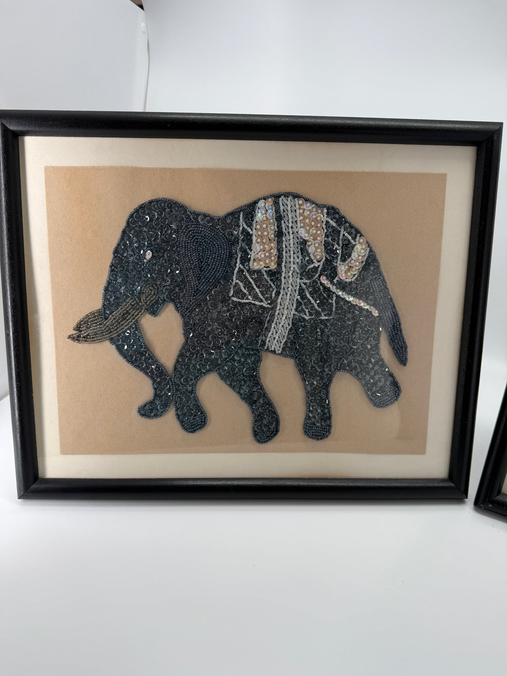 Vintage Indian Beaded & Sequined Elephant Textile Art – Framed Pair