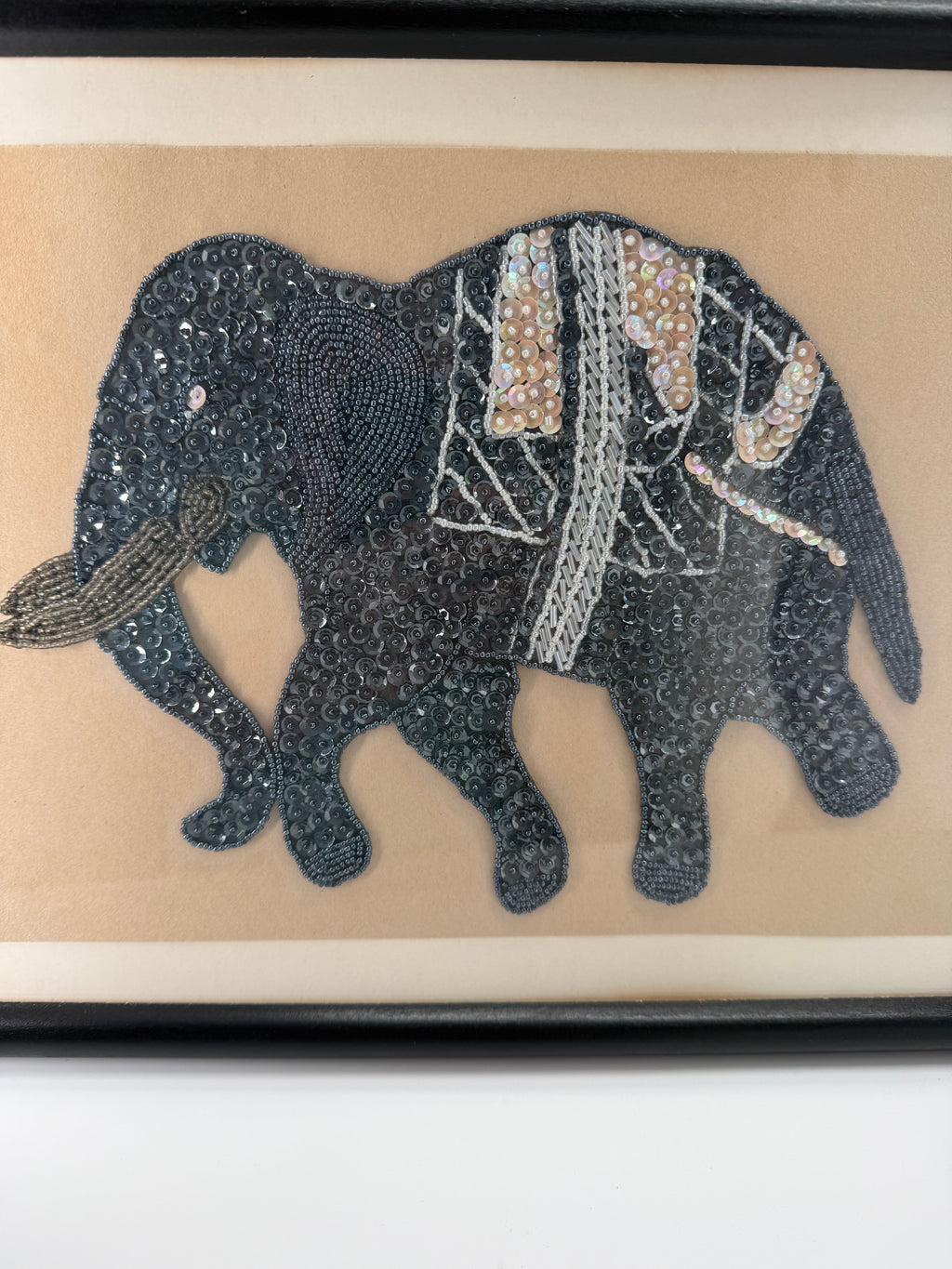 Vintage Indian Beaded & Sequined Elephant Textile Art – Framed Pair