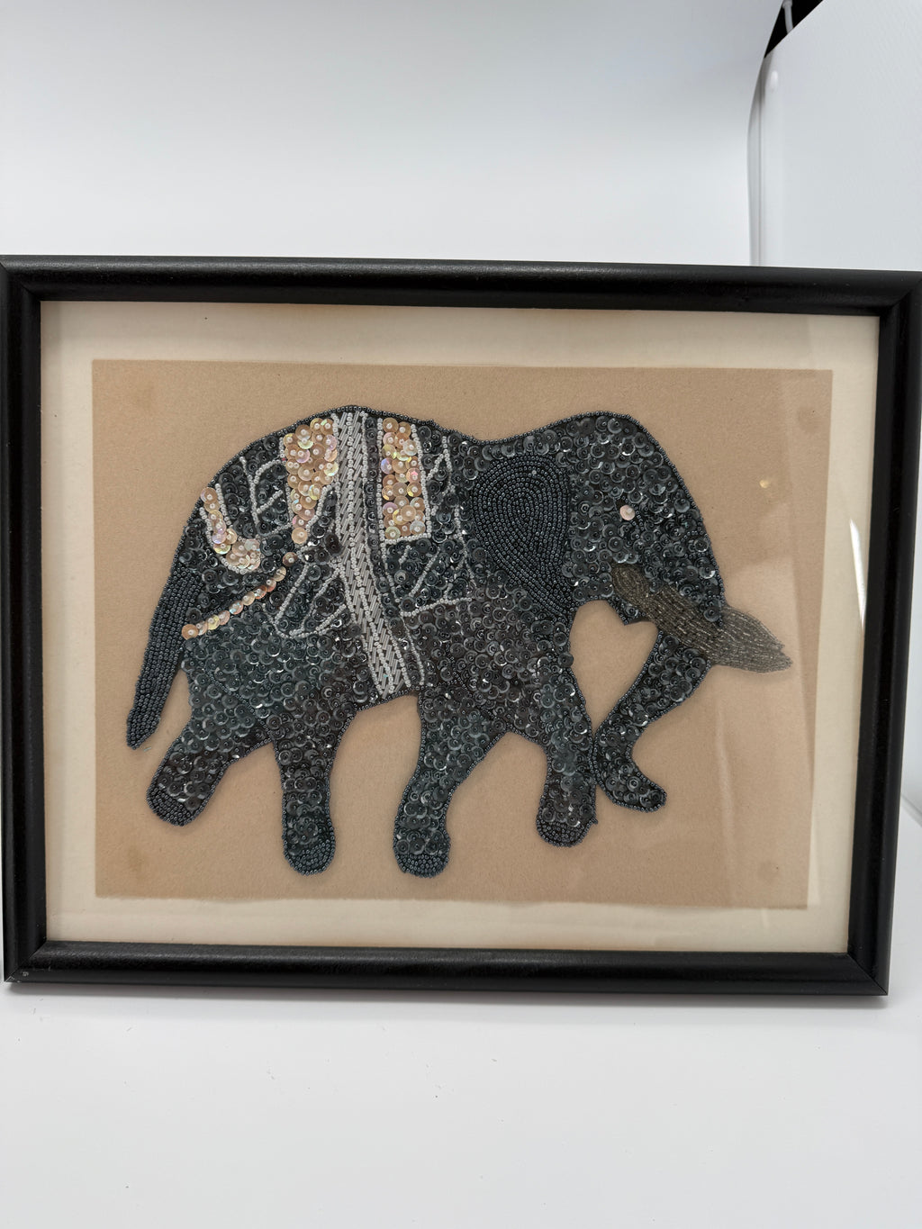 Vintage Indian Beaded & Sequined Elephant Textile Art – Framed Pair